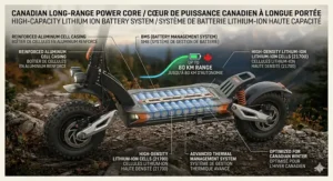 Modern illustration of a commuter riding an all terrain heavy duty electric scooter through a busy Canadian city center.