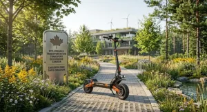 Technical illustration of the dual suspension on an all terrain heavy duty electric scooter for rugged Canadian trails.