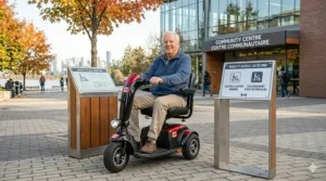 A 3 wheel electric scooter with seat equipped with tires suitable for light Canadian snow and slush on a cleared sidewalk.