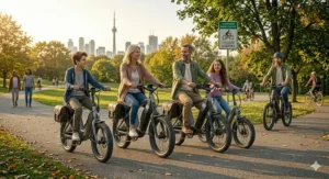 Large 10-inch all-terrain tires on the most comfortable electric scooter with seat parked on a gravel park trail.