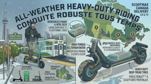 An all-weather infographic illustrating the 300 lb rider on the heavy-duty electric scooter navigating snow and slush in Canada, highlighting IP54 water resistance and deep-tread tires.