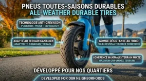 Close-up illustration of durable, puncture-proof tires on an electric scooter for 10 year olds, suitable for diverse Canadian terrain.