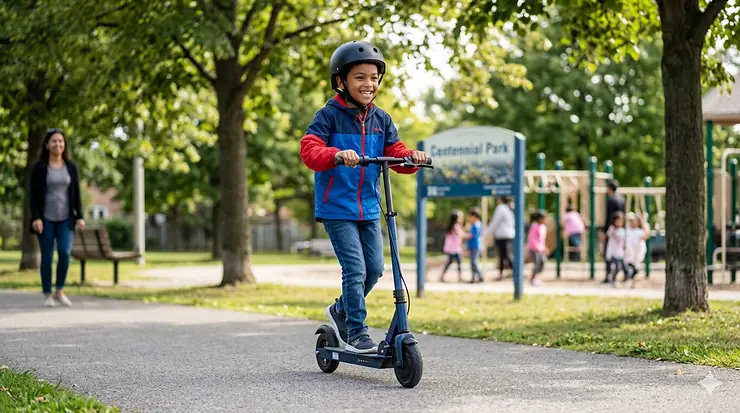A happy Canadian child wearing a safety helmet riding a budget electric scooter for kids under $200 on a paved park path in Toronto.