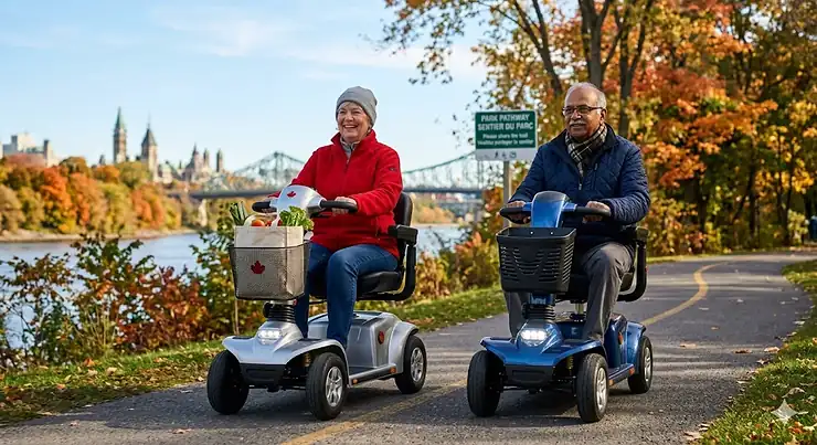 Active senior couple riding portable electric scooters on a scenic paved trail in a Canadian park during autumn.