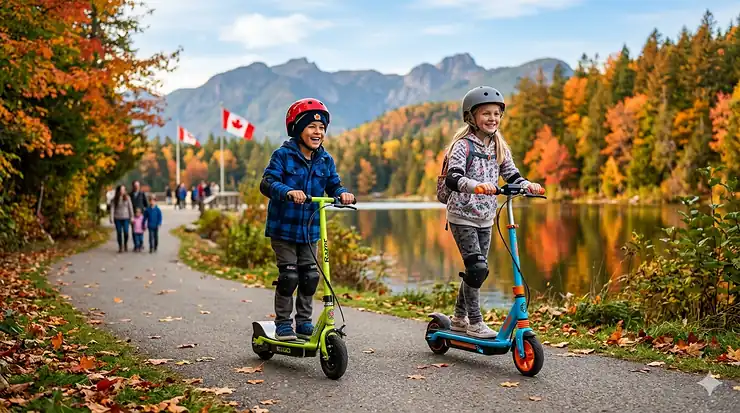 Alt text for image 1: A child wearing a safety helmet and pads riding a colorful electric scooter for kids on a paved path in a scenic Canadian park during autumn.