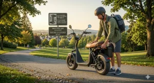 A commuter on a seated electric scooter passing a bilingual English and French "Shared Path" sign in a Canadian city.