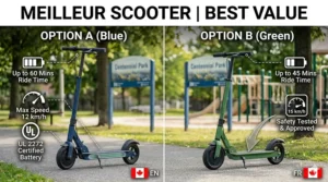 A bilingual English and French infographic showing the best value electric scooters for youth available in Canada for under $200.