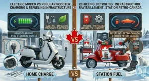 Illustration of a rider charging an electric moped scooter using a standard Canadian home power outlet.