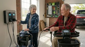 A senior-friendly electric scooter with high stability being charged in a standard Canadian home garage setting.