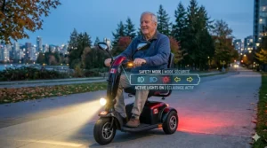 A modern 3 wheel electric scooter with seat being used on a dedicated bike lane in a busy Canadian downtown corridor.