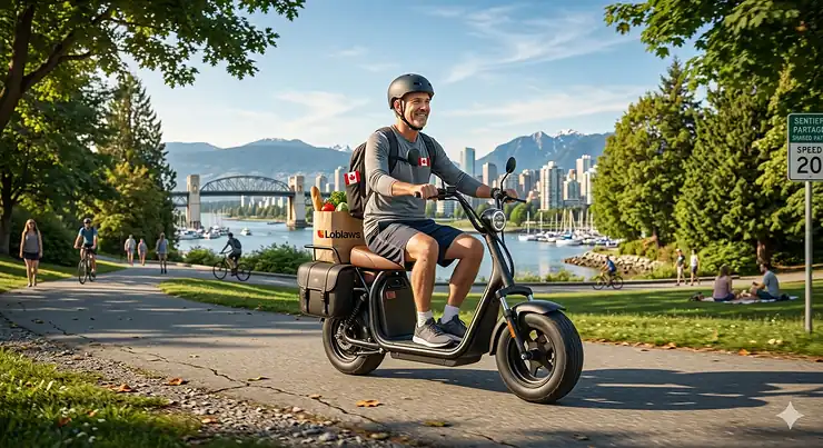 Photorealistic close-up of a dual suspension system on a seated electric scooter for a smooth ride on Canadian roads.
