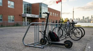 A photorealistic medium shot of a detailed black and gold electric scooter secured with a U-lock to a metal bike rack at a Canadian high school with bilingual signage.