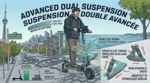 A technical infographic detailing the advanced front coil and rear hydraulic suspension system of the electric scooter, designed for heavy adults 300 lbs on uneven Canadian roads.