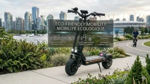 A heavy-duty electric scooter parked near a bike lane in a green Canadian city, emphasizing sustainable urban mobility.