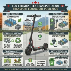 A premium infographic presenting the electric scooter as a sustainable, eco-friendly gift idea for Canadian teenagers, detailing zero emissions and battery recycling context.
