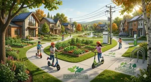 Alt text for image 9: A green-themed illustration depicting the eco-friendly benefits of electric scooters for kids in Canadian suburban neighborhoods.