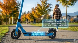 Graphic displaying the long-range battery capacity of a kids' electric scooter, ideal for Canadian suburban neighborhoods.