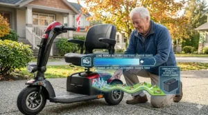 A 3 wheel electric scooter with seat parked next to a sign in English and French, representing Canadian accessibility standards.