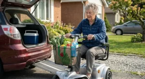 Electric scooter for seniors with a front storage basket used for grocery shopping at a local Canadian market.