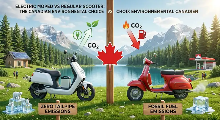 A side-by-side comparison of a white electric moped scooter and a red regular gas scooter parked on a Canadian city street during spring.