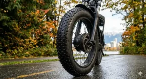 A detailed view of wide tires on a fat tire electric scooter, designed for the wet and varied terrain of the Pacific Northwest.