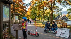 Close-up of scooter handlebars showing simple, safe controls with English and French instructions (Start/Démarrer).