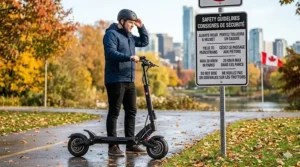 A sturdy electric scooter parked near a sign with English and French safety instructions for Canadian riders.
