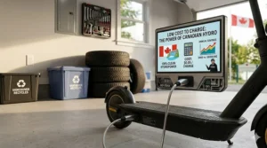 Illustration focusing on a smart-charging panel in a Canadian garage showing the low cost of charging an e-scooter using clean Canadian hydroelectric power.