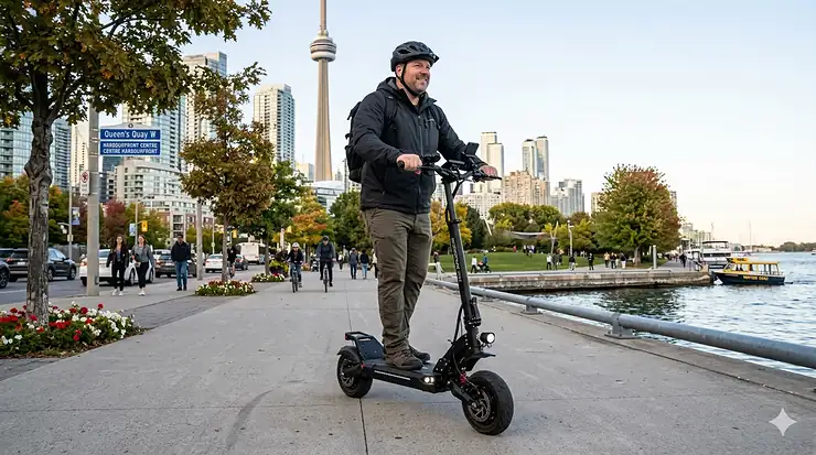 A rugged electric scooter for heavy adults 300 lbs capacity being ridden confidently on the Toronto waterfront pathway near Queen's Quay, with the CN Tower visible in the background.