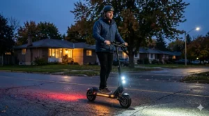 A sturdy electric scooter for big guys with bright LED headlights and taillights for safe riding during dark Canadian winters.