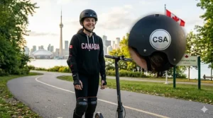Illustration of a teenager wearing a CSA-approved helmet and safety pads while riding an electric scooter in a Toronto suburban neighborhood.