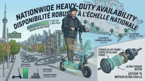A marketing graphic featuring a rugged scooter for heavy adults and prominent bilingual text "Electric Scooter" and "Trottinette Électrique" against a stylized map of Canada.