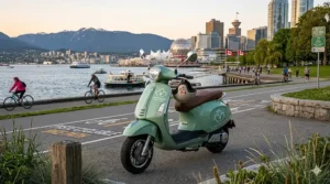 Illustration of a Vespa style electric scooter with a Canadian flag decal and "Électrique" text for the Quebec market.