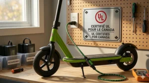 Alt text for image 6: A technical illustration of a charging port for electric scooters for kids with a "UL Certified" icon for Canadian safety compliance.