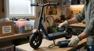 Alt text for image 4: A colorful infographic in English and French (bilingue) detailing road safety rules for children using electric scooters for kids in Canada.