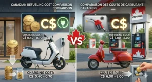 Comparison chart of CO2 emissions for an electric moped scooter versus a regular gas scooter in Canada.