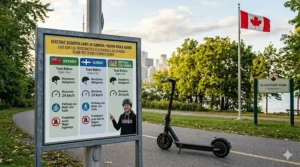Illustration of an outdoor informational plaque in a Canadian park detailing provincial rules for teen riders (Ages 16+) in Ontario, Québec, and BC, titled in English and French.