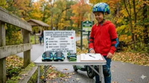 Illustration of recommended safety gear for Canadian kids, including pads and helmets, to complement an electric scooter with top safety features.