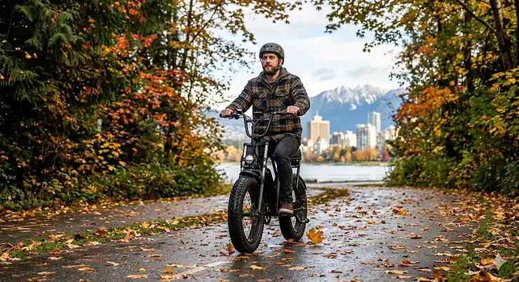 A person riding a fat tire electric scooter through a scenic Canadian park during autumn, showing stability on leaf-covered paths.