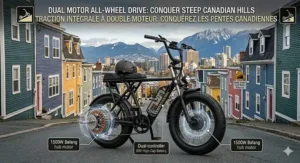 A diagram highlighting the dual-motor system of a fat tire electric scooter, ideal for steep hills in cities like St. John's or Calgary.