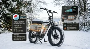 A technical illustration showcasing long-range battery performance of a fat tire electric scooter in cold Canadian climates.