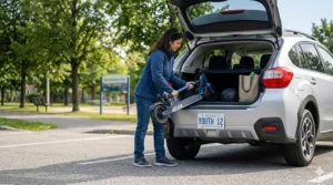A lightweight, foldable budget electric scooter for kids being placed into a car trunk, featuring an Ontario "YOUTH 12" license plate.