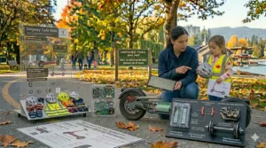 Illustration of a lightweight, foldable electric scooter fitting easily into a car trunk for family trips to the Rockies.