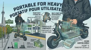 A utility graphic showing the 300 lbs capacity scooter folded at its reinforced hinge next to a stylized GO Train and Union Station sign, emphasizing portability on Canadian transit.