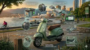 Illustration of a Vespa style electric scooter equipped with a rear cargo box for local deliveries in a Canadian neighborhood.