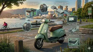 Stylized illustration of a sleek Vespa style electric scooter parked near a lush Canadian city park.