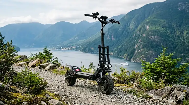 A rugged heavy-duty electric scooter parked on a scenic mountain trail in British Columbia, showcasing its off-road capabilities for Canadian terrain.