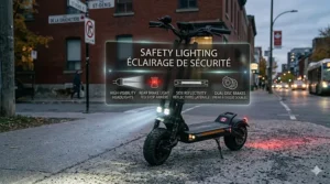 Illustration of the powerful LED headlight and braking system on a heavy-duty electric scooter for visibility during early Canadian sunsets.