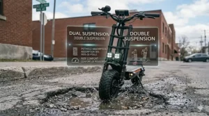 Detailed view of the dual suspension on a heavy-duty electric scooter, designed to handle rough Canadian roads and potholes.