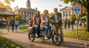 A heavy-duty seated mobility scooter with a storage basket parked in front of a local Canadian grocery store.